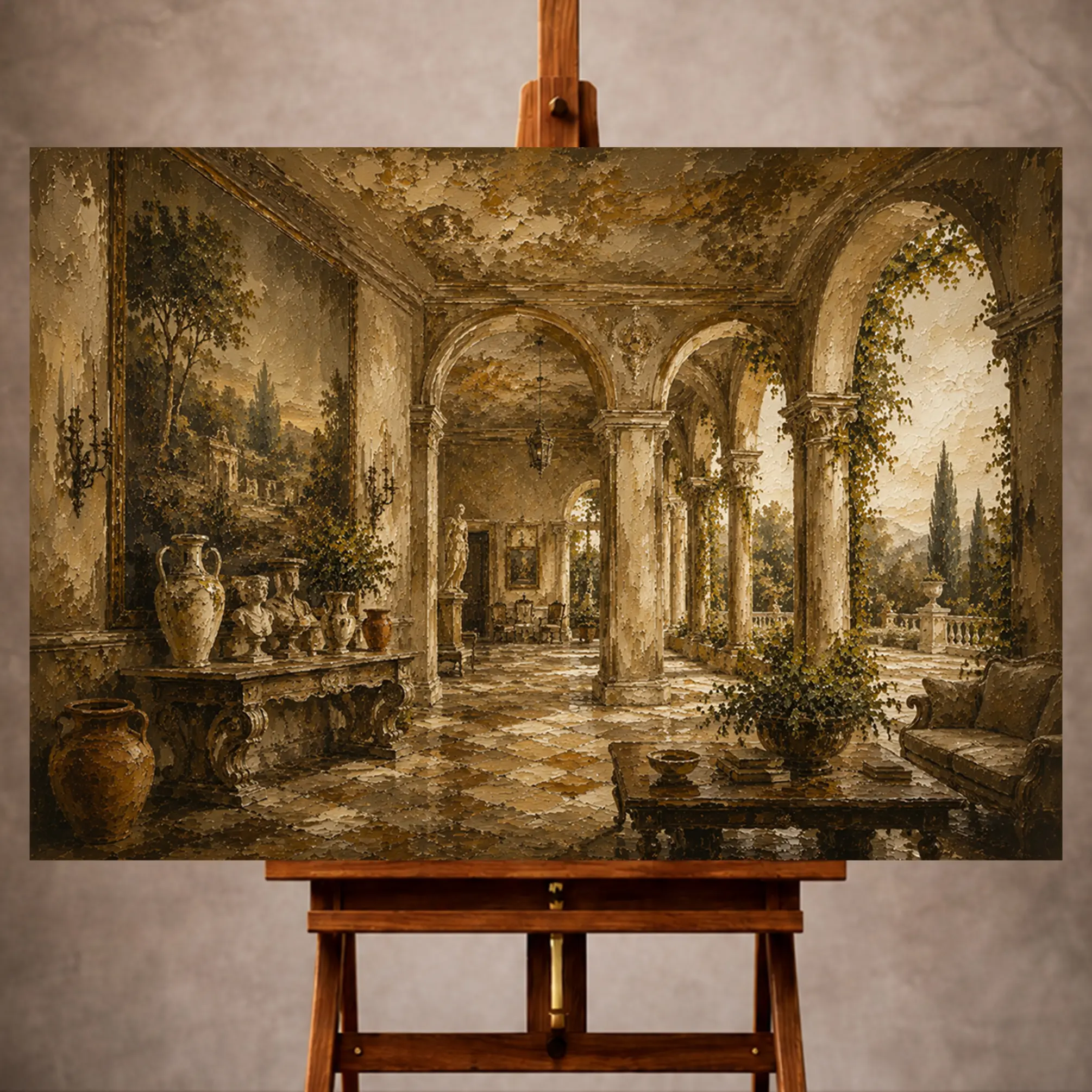 Premium Wall Art Yatay Html Edition – LVNGRM077 Image 1 Warm neutral Living Room Wall Art print featuring an antique European salon with stone arches, classical vessels, and a garden terrace for elegant interiors