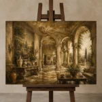 Elegant European Salon Living Room Wall Art Canvas Print displayed on a studio easel