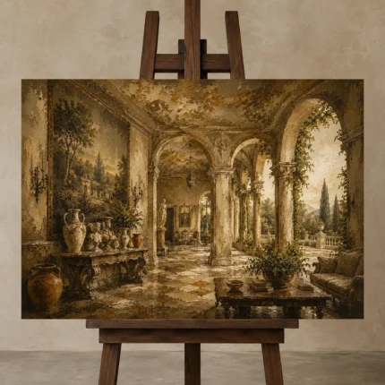 Elegant European Salon Living Room Wall Art Canvas Print shown in Studio Easel