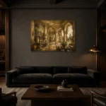 Elegant European Salon Living Room Wall Art Canvas Print shown in a warm modern interior