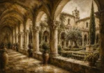 Tranquil Monastery Cloister Living Room Wall Art Canvas Print