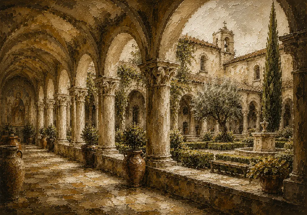 Tranquil Monastery Cloister Living Room Wall Art Canvas Print