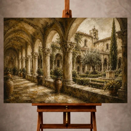 Warm neutral Living Room Wall Art print featuring a monastery-inspired cloister with stone arches, weathered columns, and a peaceful courtyard garden for elegant interiors