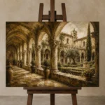 Tranquil Monastery Cloister Living Room Wall Art Canvas Print displayed on a studio easel