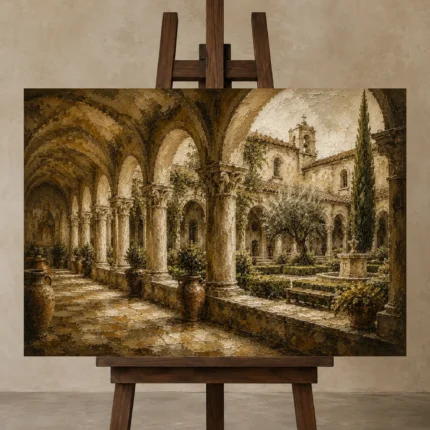 Tranquil Monastery Cloister Living Room Wall Art Canvas Print displayed on a studio easel