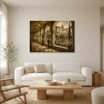 Tranquil Monastery Cloister Living Room Wall Art Canvas Print styled in a refined neutral interior