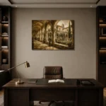 Tranquil Monastery Cloister Living Room Wall Art Canvas Print displayed in a contemporary gallery-inspired room