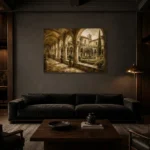 Tranquil Monastery Cloister Living Room Wall Art Canvas Print shown in a warm modern interior