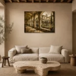Tranquil Monastery Cloister Living Room Wall Art Canvas Print presented in a sophisticated home setting
