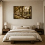 Tranquil Monastery Cloister Living Room Wall Art Canvas Print showcased in an elegant minimalist interior
