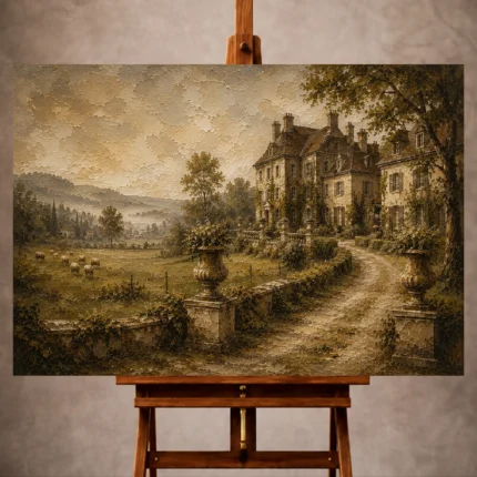 Warm neutral Living Room Wall Art print featuring a historic countryside manor with open meadows, grazing sheep, sculptural urns, and morning mist for elegant interiors