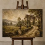 Romantic Countryside Manor Living Room Wall Art Canvas Print displayed on a studio easel