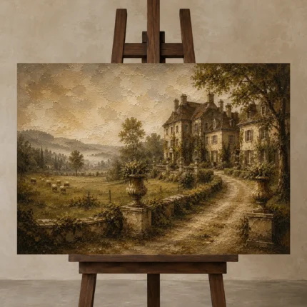 Romantic Countryside Manor Living Room Wall Art Canvas Print displayed on a studio easel