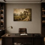 Romantic Countryside Manor Living Room Wall Art Canvas Print displayed in a contemporary gallery-inspired room