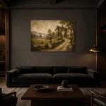 Romantic Countryside Manor Living Room Wall Art Canvas Print shown in a warm modern interior