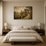 Romantic Countryside Manor Living Room Wall Art Canvas Print showcased in an elegant minimalist interior