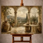 Warm neutral Living Room Wall Art print featuring a grand European terrace with antique amphorae, monumental arches, a carved stone table, and a distant valley for elegant interiors