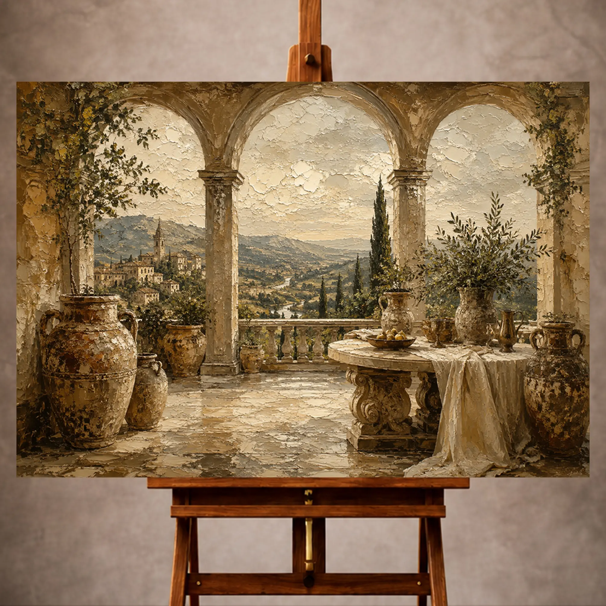 Premium Wall Art Yatay Html Edition – LVNGRM080 Image 1 Warm neutral Living Room Wall Art print featuring a grand European terrace with antique amphorae, monumental arches, a carved stone table, and a distant valley for elegant interiors