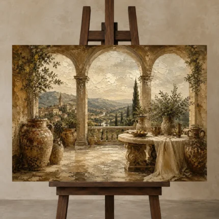 Grand European Terrace Living Room Wall Art Canvas Print shown in Studio Easel