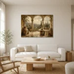 Grand European Terrace Living Room Wall Art Canvas Print styled in a refined neutral interior