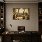 Grand European Terrace Living Room Wall Art Canvas Print displayed in a contemporary gallery-inspired room