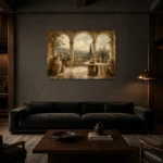 Grand European Terrace Living Room Wall Art Canvas Print shown in a warm modern interior