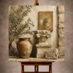 Warm neutral Living Room Wall Art print featuring classical architectural fragments, a terracotta vessel, stone pedestal, and olive branches in a Mediterranean courtyard for elegant interiors