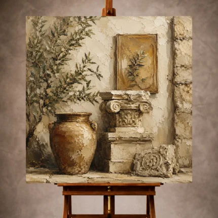 Warm neutral Living Room Wall Art print featuring classical architectural fragments, a terracotta vessel, stone pedestal, and olive branches in a Mediterranean courtyard for elegant interiors