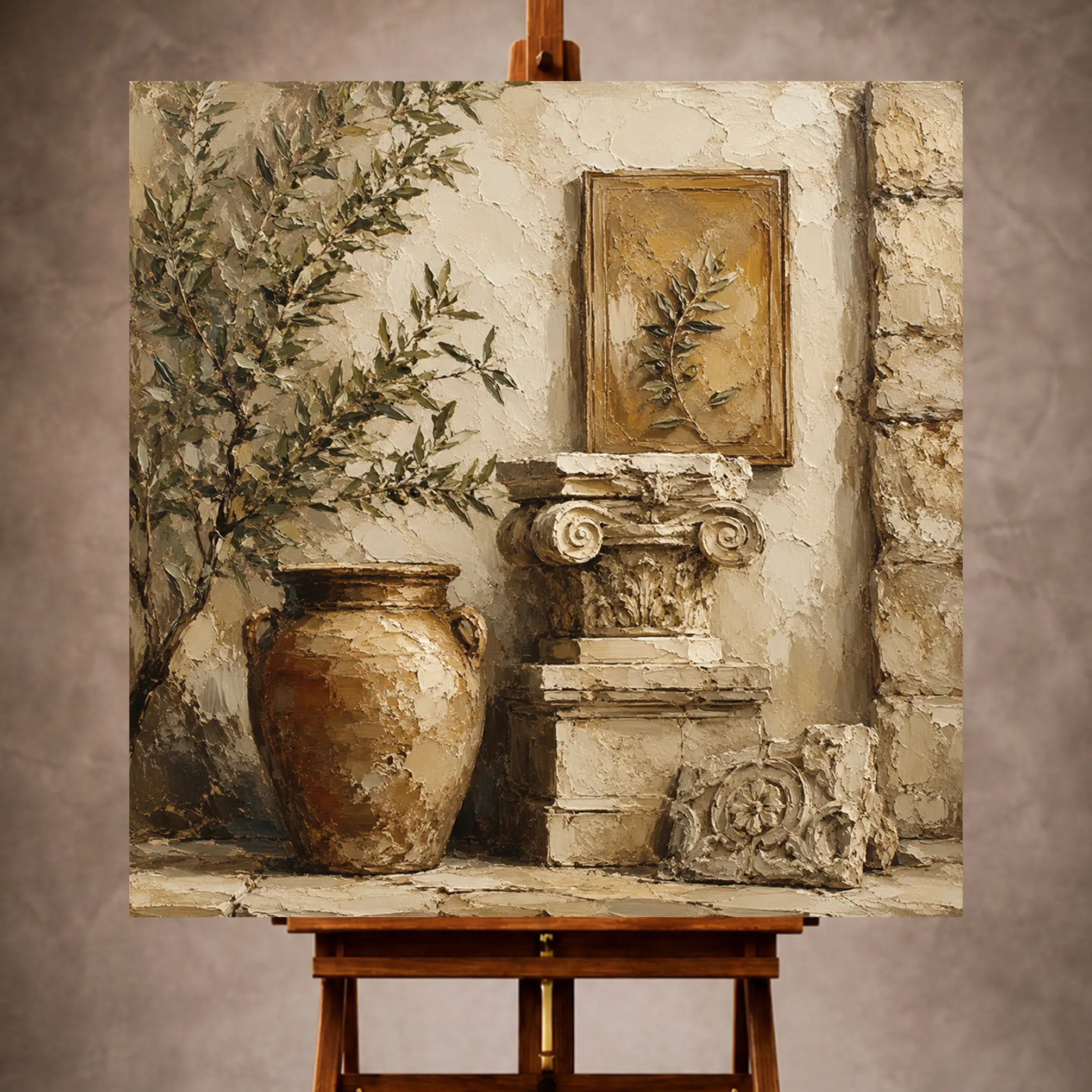 Premium Wall Art Kare Html Edition – LVNGRM081 Image 1 Warm neutral Living Room Wall Art print featuring classical architectural fragments, a terracotta vessel, stone pedestal, and olive branches in a Mediterranean courtyard for elegant interiors