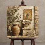 Classical Mediterranean Courtyard Living Room Wall Art Canvas Print displayed on a studio easel