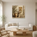 Classical Mediterranean Courtyard Living Room Wall Art Canvas Print styled in a refined neutral interior