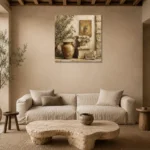 Classical Mediterranean Courtyard Living Room Wall Art Canvas Print presented in a sophisticated home setting