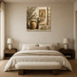 Classical Mediterranean Courtyard Living Room Wall Art Canvas Print showcased in an elegant minimalist interior