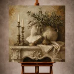 Warm neutral Living Room Wall Art print featuring a carved limestone mantel with antique bronze candlesticks, a sculptural bust fragment, and a ceramic urn for elegant interiors