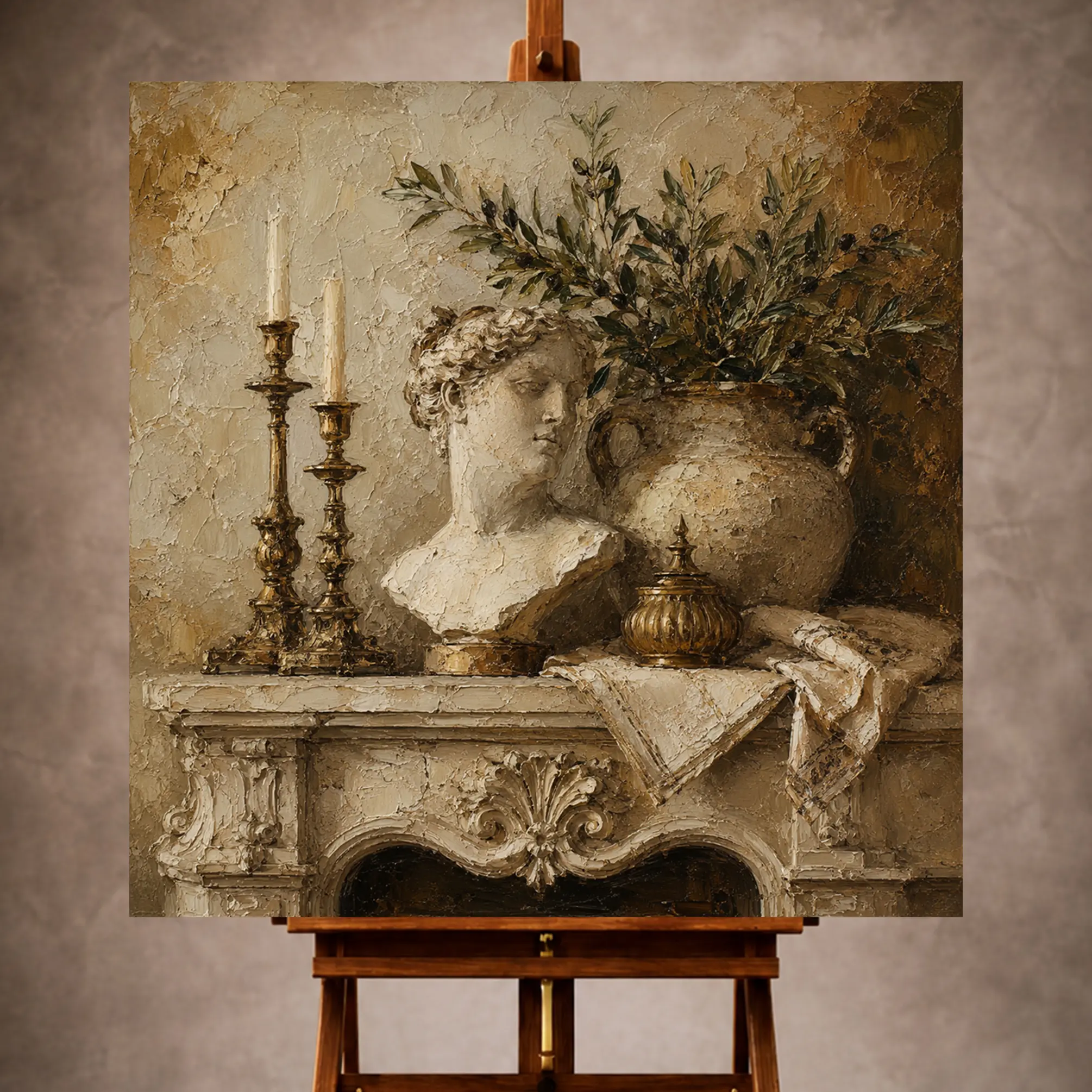 Premium Wall Art Kare Html Edition – LVNGRM082 Image 1 Warm neutral Living Room Wall Art print featuring a carved limestone mantel with antique bronze candlesticks, a sculptural bust fragment, and a ceramic urn for elegant interiors