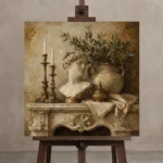 Elegant Old World Mantel Living Room Wall Art Canvas Print displayed on a studio easel