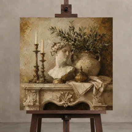 Elegant Old World Mantel Living Room Wall Art Canvas Print shown in Studio Easel