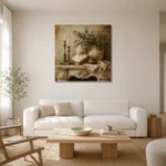Elegant Old World Mantel Living Room Wall Art Canvas Print styled in a refined neutral interior