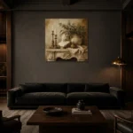 Elegant Old World Mantel Living Room Wall Art Canvas Print shown in a warm modern interior