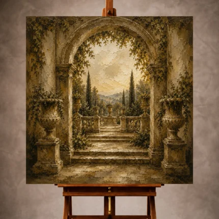 Warm neutral Living Room Wall Art print featuring a symmetrical stone arch, classical urns, trailing vines, and a formal garden terrace for elegant interiors