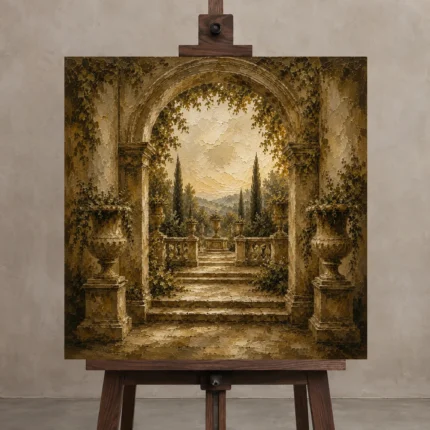 Timeless Garden Arch Living Room Wall Art Canvas Print displayed on a studio easel