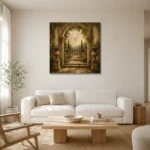 Timeless Garden Arch Living Room Wall Art Canvas Print styled in a refined neutral interior