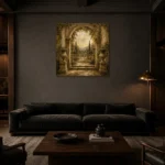 Timeless Garden Arch Living Room Wall Art Canvas Print shown in a warm modern interior