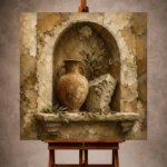 Warm neutral Living Room Wall Art print featuring a European wall niche with an antique amphora, carved marble fragment, and olive leaves for elegant interiors