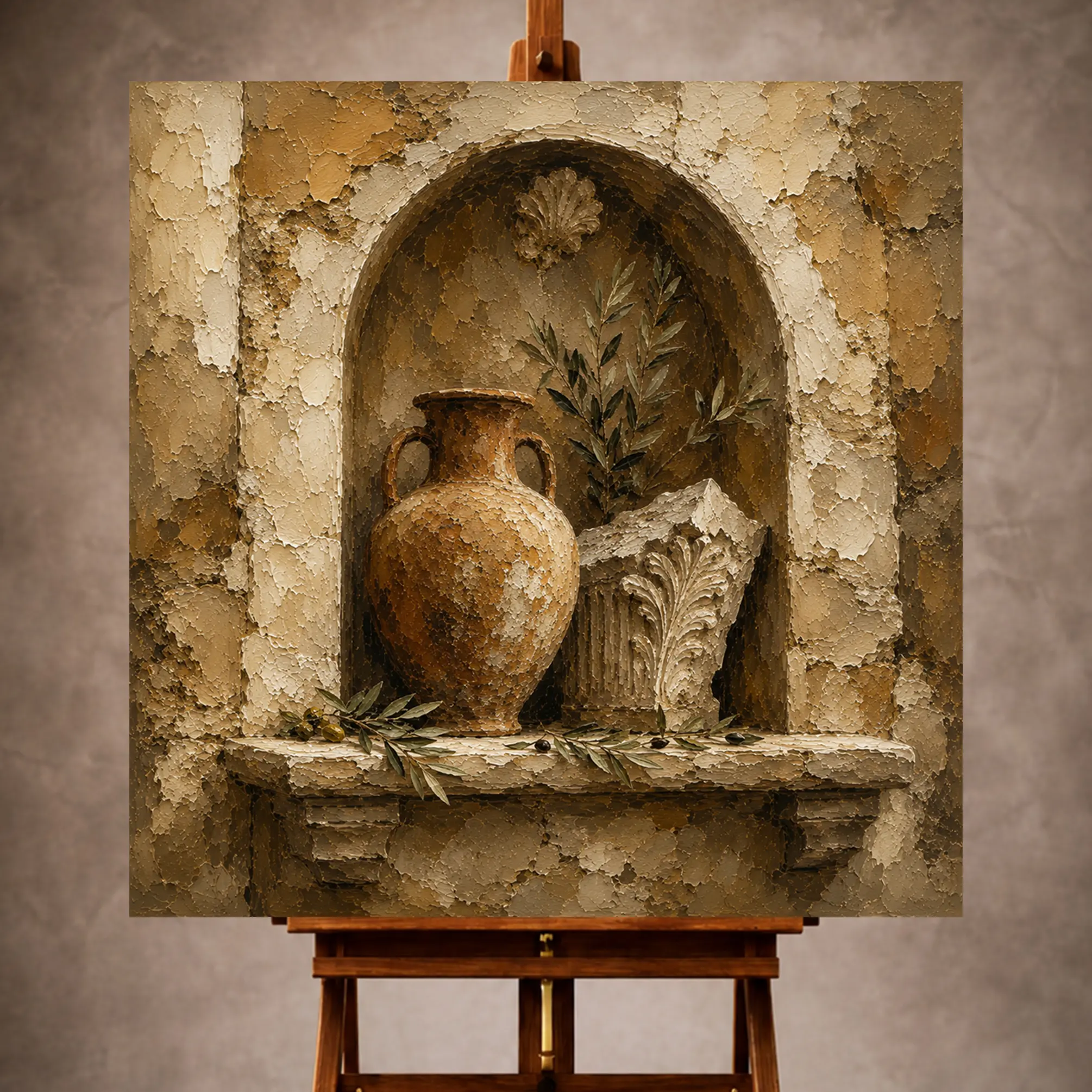 Premium Wall Art Kare Html Edition – LVNGRM084 Image 1 Warm neutral Living Room Wall Art print featuring a European wall niche with an antique amphora, carved marble fragment, and olive leaves for elegant interiors