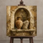 Curated European Wall Niche Living Room Wall Art Canvas Print displayed on a studio easel