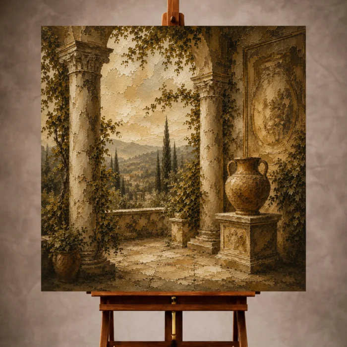 Warm neutral Living Room Wall Art print featuring a classical villa loggia with paired columns, an antique vessel, cypress trees, and climbing greenery for elegant interiors