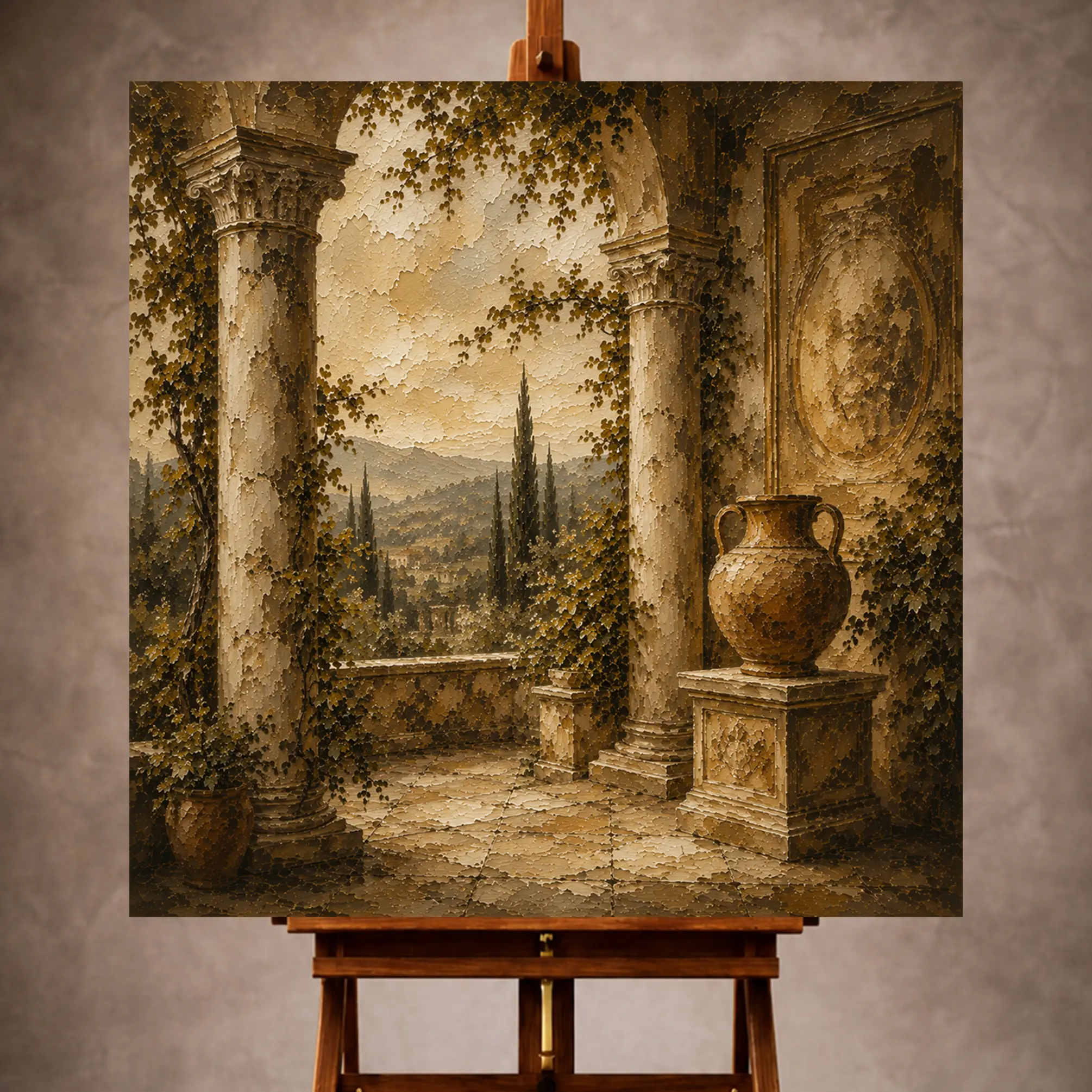 Premium Wall Art Kare Html Edition – LVNGRM085 Image 1 Warm neutral Living Room Wall Art print featuring a classical villa loggia with paired columns, an antique vessel, cypress trees, and climbing greenery for elegant interiors