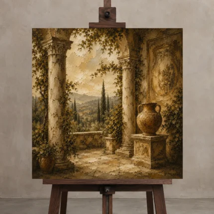 Classical Villa Loggia Living Room Wall Art Canvas Print shown in Studio Easel