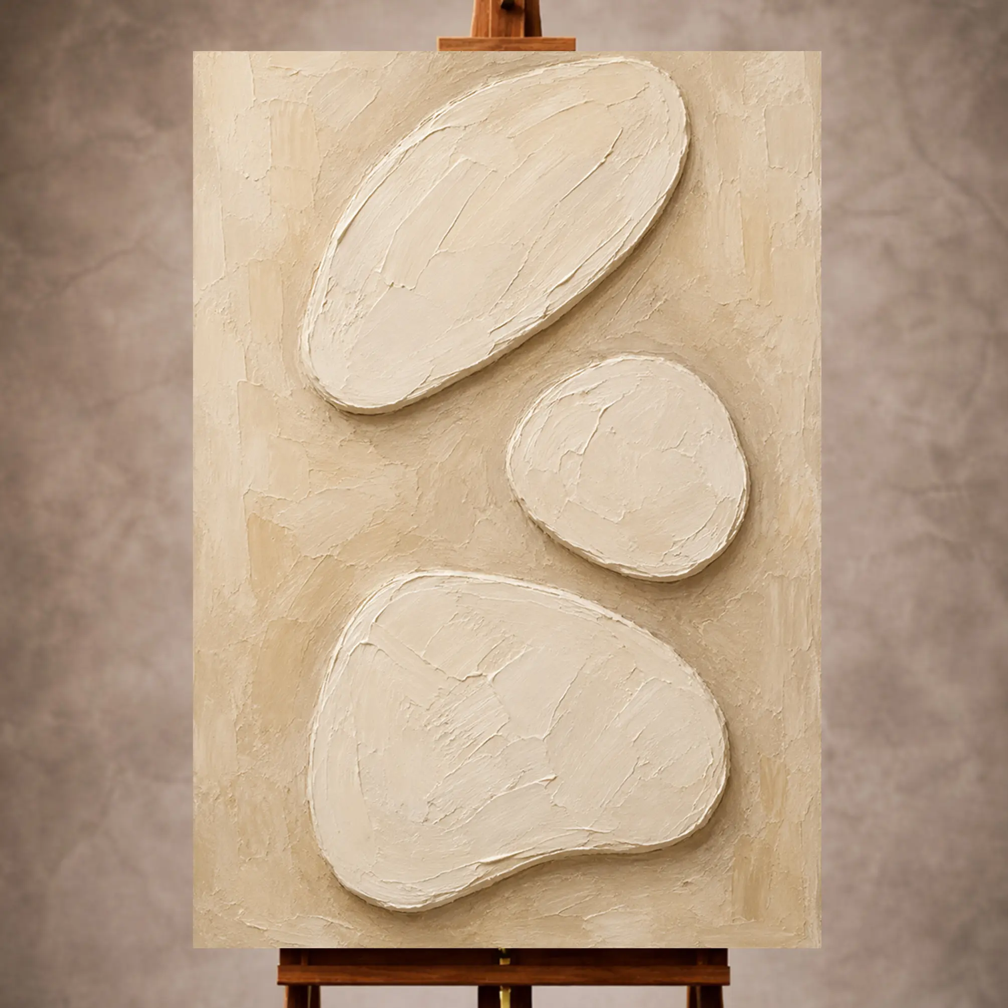 Premium Wall Art Dikey Html Edition – MINIMALIST006 Image 1 Serene ivory Minimalist Wall Art print featuring three raised plaster forms for elegant interiors